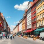 Koppenhága Strøget sétálóutca napsütésben, élénk színek és emberek.