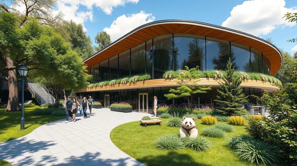 Koppenhága Állatkert pandaház és látogatók egy gyönyörű parkban