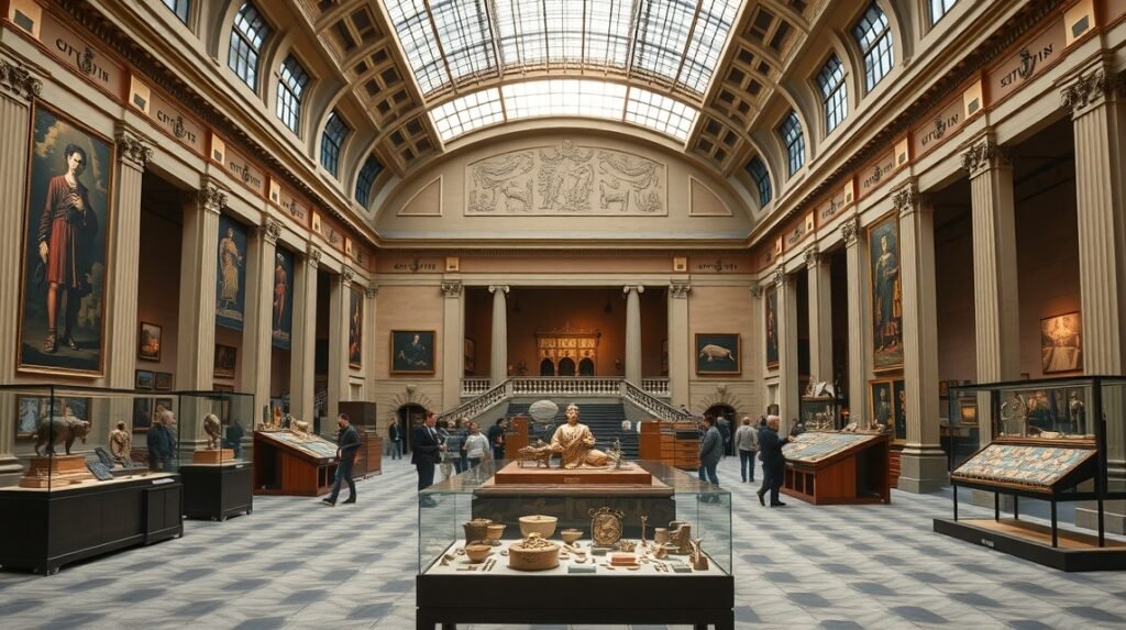 A Dán Nemzeti Múzeum belső tere, műkincsek és látogatók.