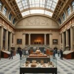 A Dán Nemzeti Múzeum belső tere, műkincsek és látogatók.