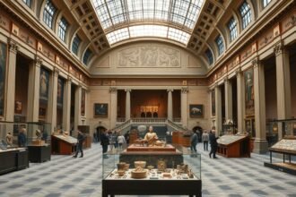 A Dán Nemzeti Múzeum belső tere, műkincsek és látogatók.