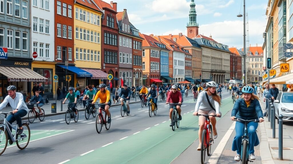 Koppenhága forgalmas utcáján kerékpározók ezrei, színes házak között.