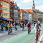 Koppenhága forgalmas utcáján kerékpározók ezrei, színes házak között.