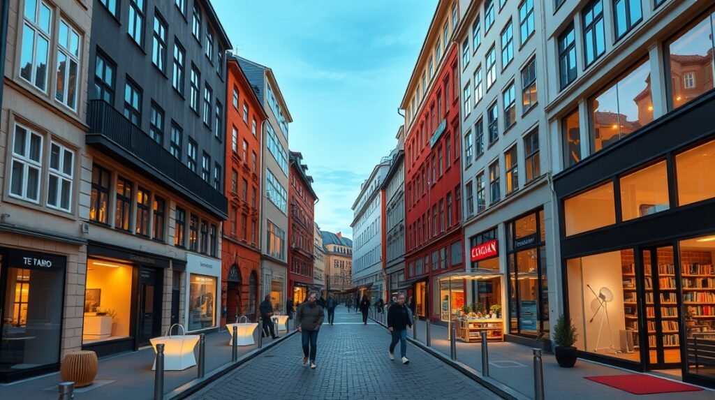 Koppenhága modern belvárosának látképe, színes épületekkel.