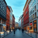 Koppenhága modern belvárosának látképe, színes épületekkel.