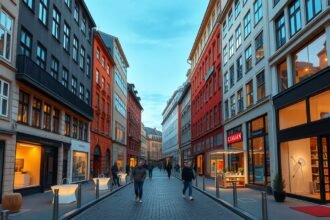 Koppenhága modern belvárosának látképe, színes épületekkel.