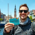 Fiatal férfi a Koppenhága kártyával a híres városnéző helyszínen