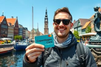Fiatal férfi a Koppenhága kártyával a híres városnéző helyszínen