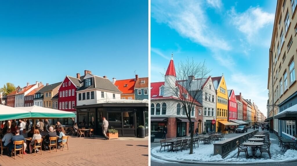 Koppenhága gyönyörű utcai kávézói és történelmi épületei.