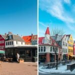 Koppenhága gyönyörű utcai kávézói és történelmi épületei.