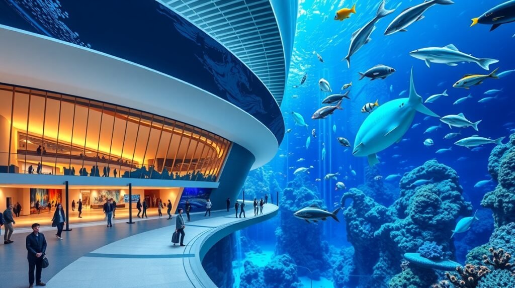 Lisszaboni Óceanárium belső nézet cápákkal és halakkal