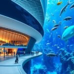 Lisszaboni Óceanárium belső nézet cápákkal és halakkal