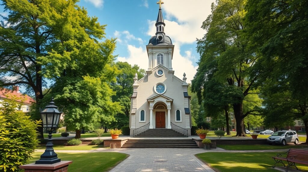 Aa Kirke templom Aakirkebyben, Dánia zöld környezetében.