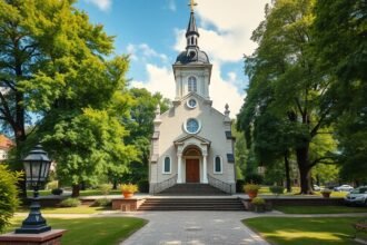Aa Kirke templom Aakirkebyben, Dánia zöld környezetében.