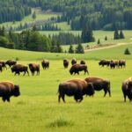 Bölénycsorda a Bornholmi Bölényerdőben, Aakirkeby közelében