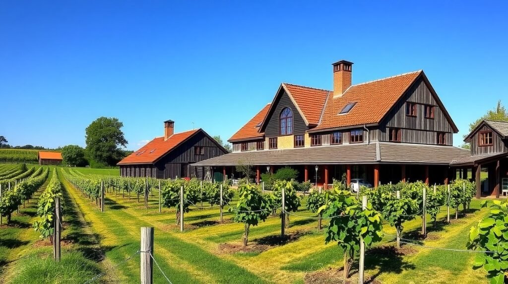 A Lille Gadegård borászat Aakirkebyben, dán szőlőültetvényekkel.