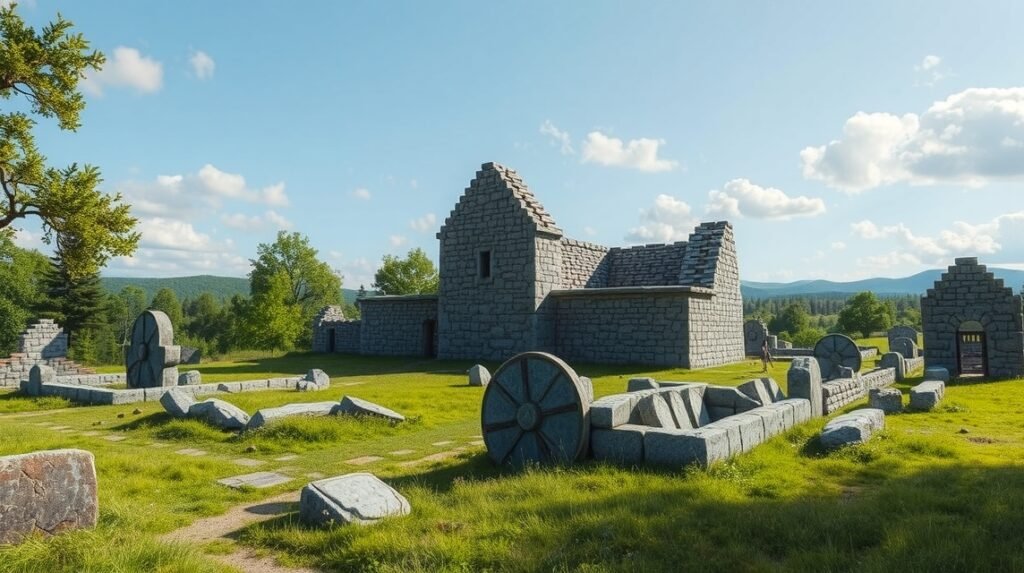 Gamleborg várromjai Aakirkebyben, Dánia, a 10. századból.