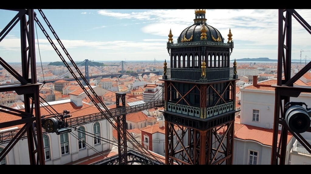 A Santa Justa felvonó vasszerkezete Lisszabon felett