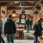 Aakirkeby kerámiaműhely belső tér, látogatók agyagtermékek között