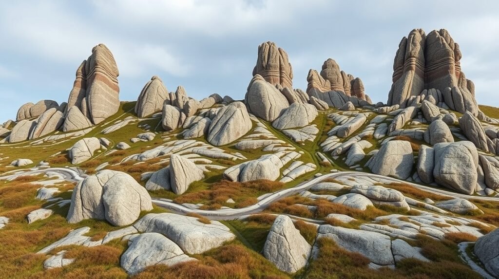 A bornholmi gránit formációk és táj Aakirkeby közelében