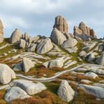 A bornholmi gránit formációk és táj Aakirkeby közelében