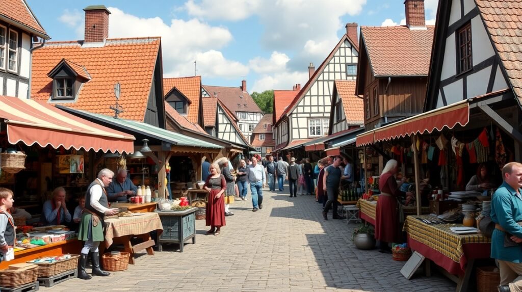 A középkori vásár Aakirkebyben, Dánia - történelmi hangulat és mesterségek.