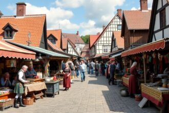 A középkori vásár Aakirkebyben, Dánia - történelmi hangulat és mesterségek.