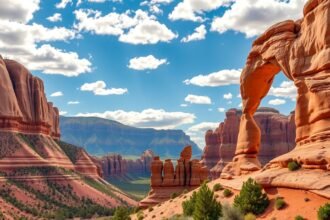 Vörös sziklák és természetes ívek a Utah-i tájban