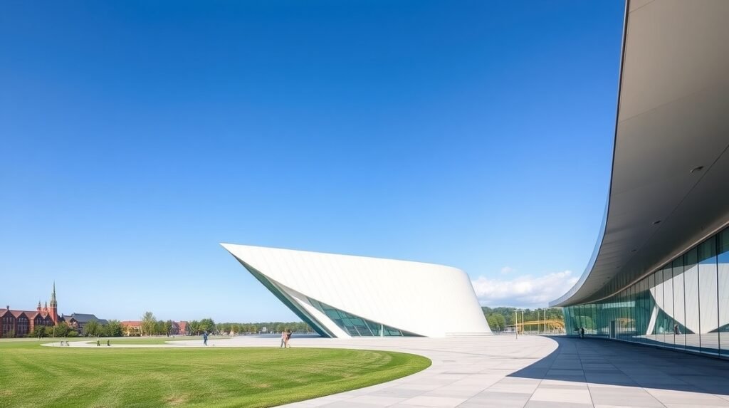 Az Utzon Center modern építészete Aalborg városában, Dánia.