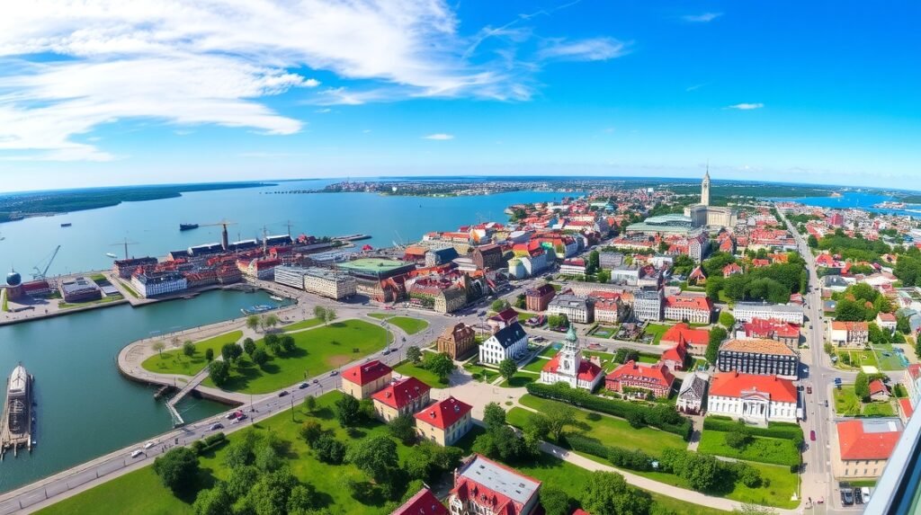 Aalborg város panorámája a toronyból, Limfjorden rel, zöld területekkel.