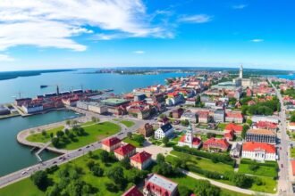 Aalborg város panorámája a toronyból, Limfjorden rel, zöld területekkel.