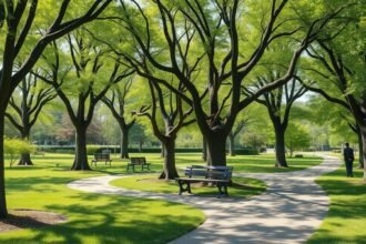 Kildeparken fákkal és sétautakkal Aalborgban