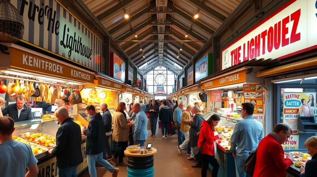 Street food stands at The Lighthouse in Aalborg, Denmark