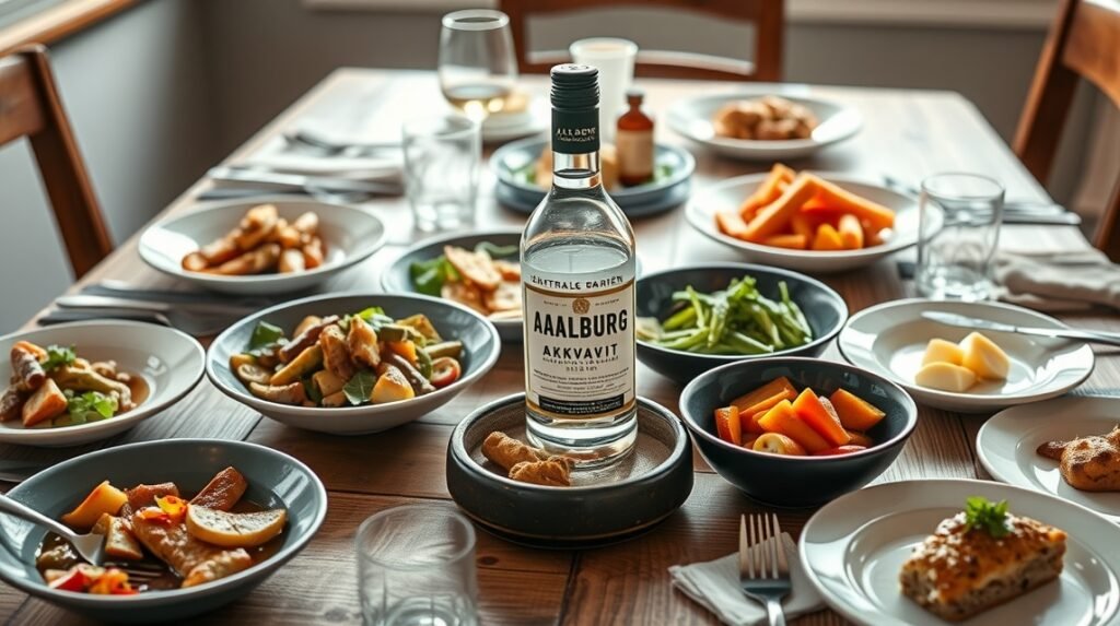 Aalborg akvavit és gazdag skandináv étkezés asztalnál.