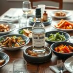 Aalborg akvavit és gazdag skandináv étkezés asztalnál.