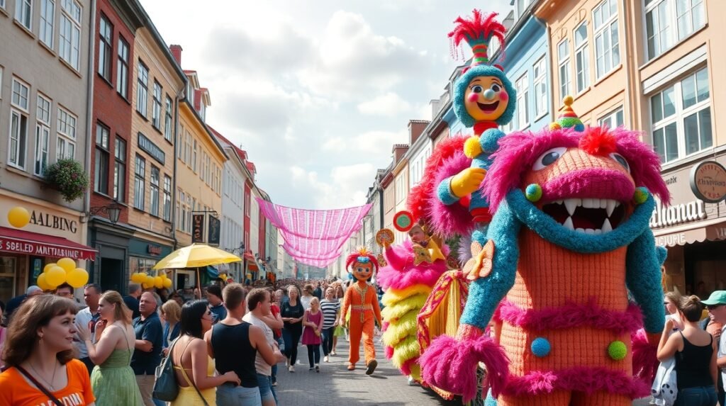 Aalborg karneválján résztvevők színes jelmezekben ünnepelnek.