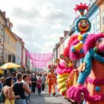 Aalborg karneválján résztvevők színes jelmezekben ünnepelnek.