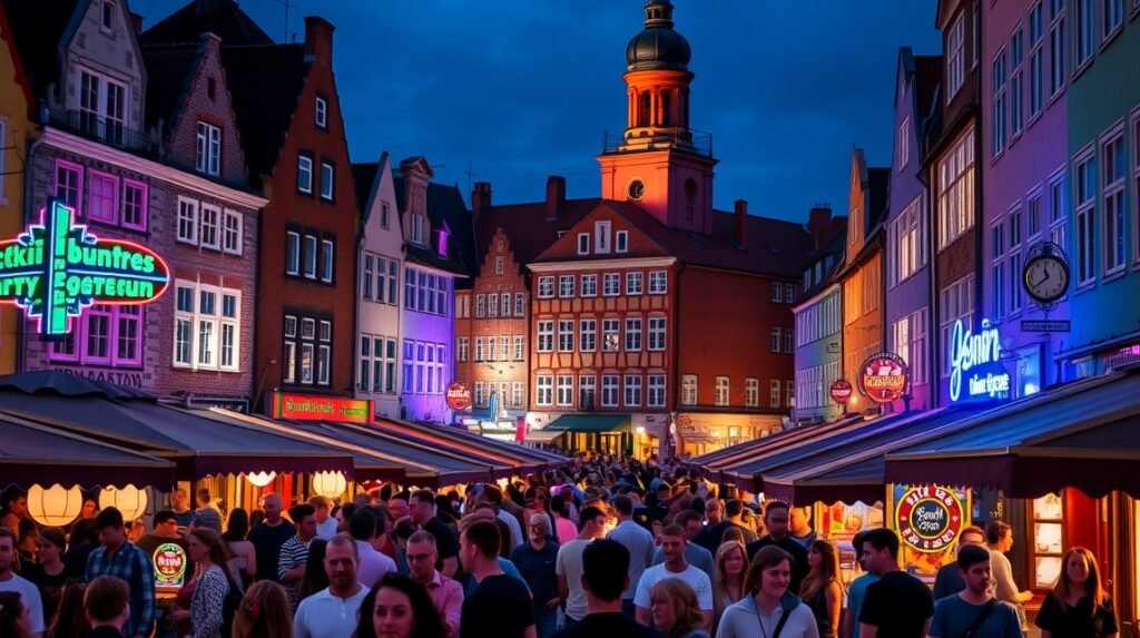 Jomfru Ane Gade éjjel, bulizás és napsütés a dán városban