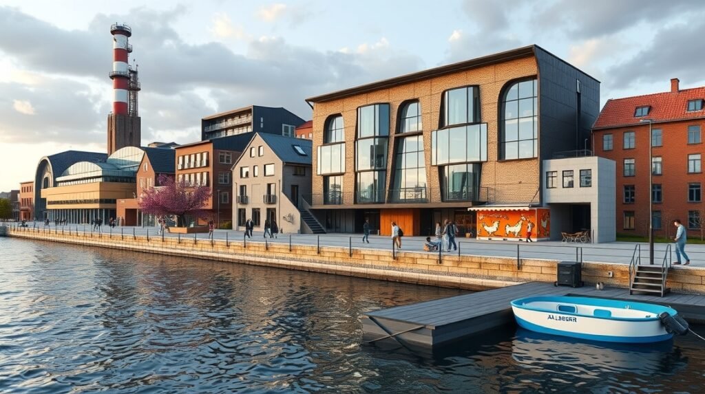 Aalborg városnézet, modern épületekkel és ipari örökséggel