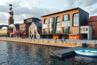 Aalborg városnézet, modern épületekkel és ipari örökséggel