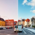 Aalborg városképe: színes épületek és téli időjárás