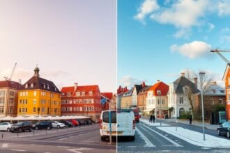 Aalborg városképe: színes épületek és téli időjárás