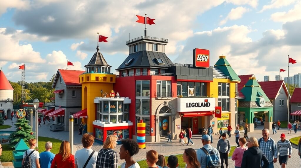 LEGOLAND Billund színes épületei és látogatói egy padlózaton.