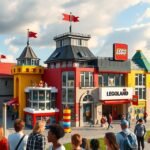 LEGOLAND Billund színes épületei és látogatói egy padlózaton.