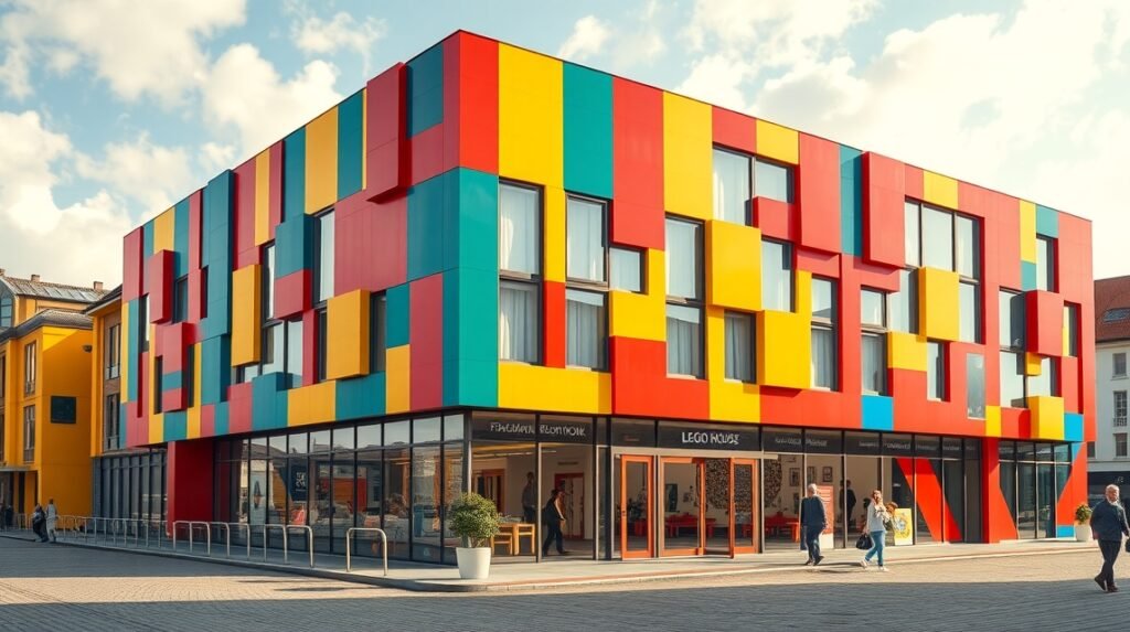 LEGO House Billund színes épülete a LEGO élmények központjában