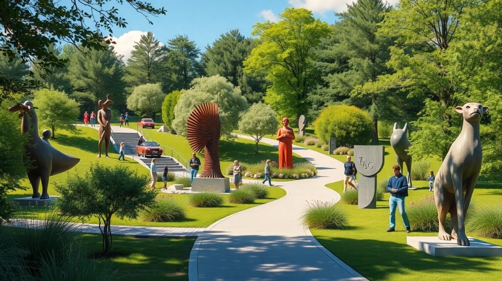 Modern szobrok a billundi Szoborparkban természetes környezetben