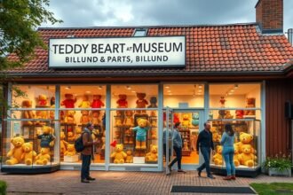 Játékmaci Múzeum bejárata Billund városában, sok macival.