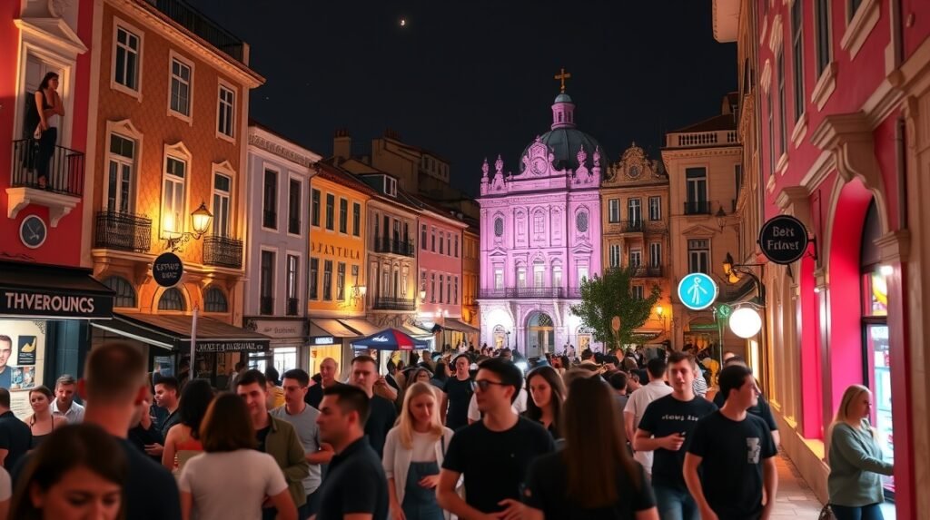 Rózsaszín utca éjszakai élete Lisszabonban, bárok és emberek a sétányon.