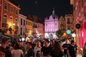Rózsaszín utca éjszakai élete Lisszabonban, bárok és emberek a sétányon.