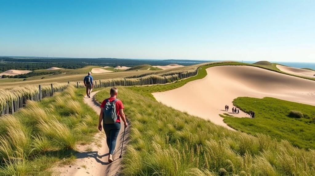 Túrázók a Billund-i Grene Sande dűnéin, gyönyörű tájban.